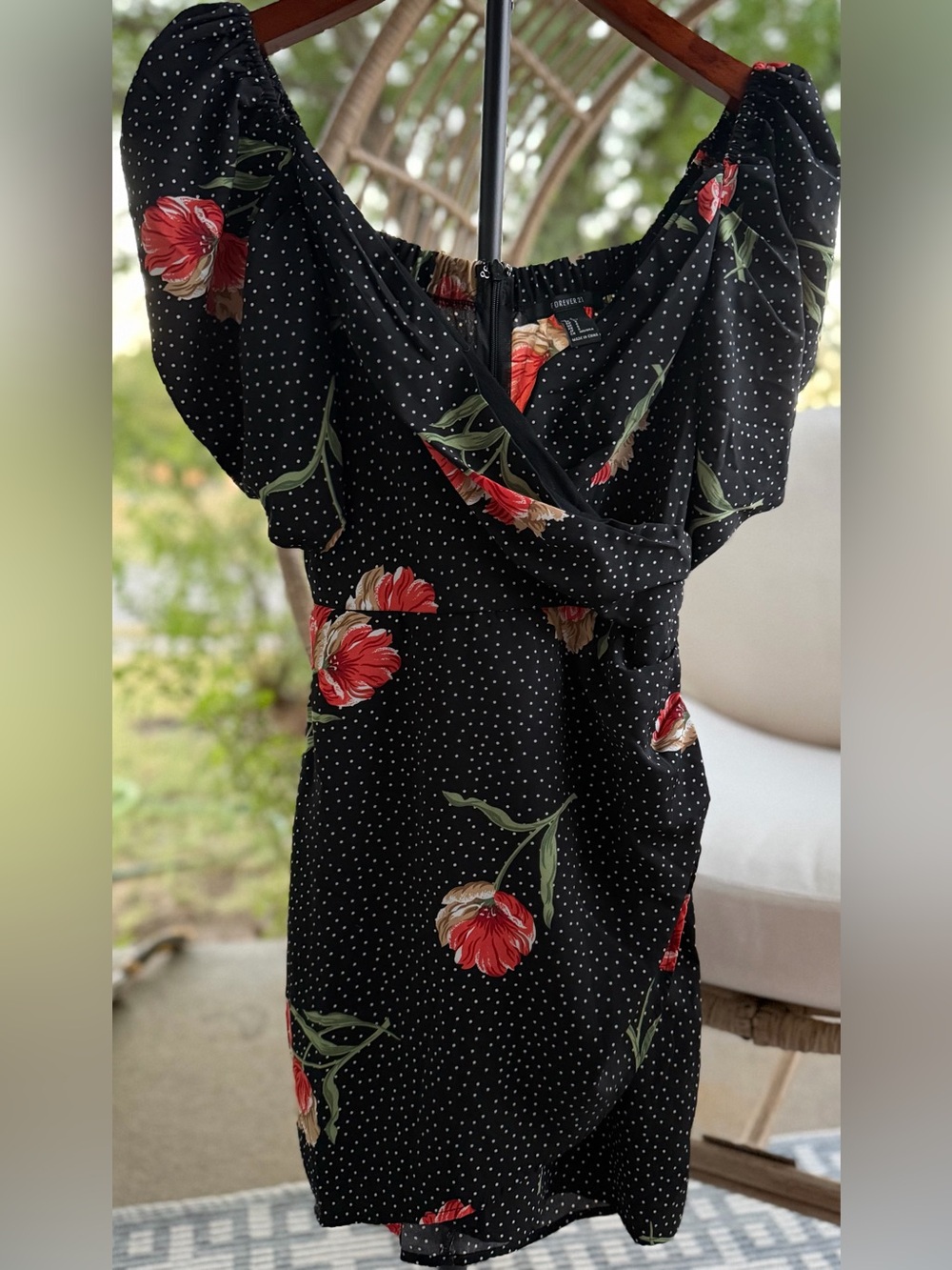 Forever 21 Black Shoulder off Dress with Red Floral Print and White Polka Dots